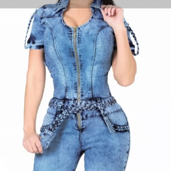 Booty Lift Colombian Denim Jumpsuit - Blue - Picture 2 of 6